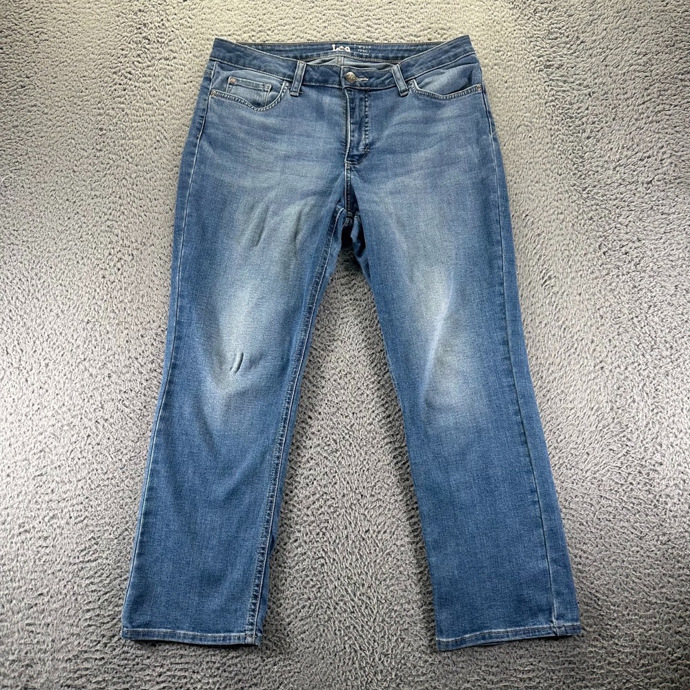 Lee Jeans Women 12P Blue Cotton Denim Straight Mid Rise Faded Stretch Workwear